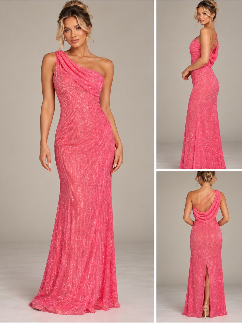 Sparkling Pink One-Shoulder Evening Gown